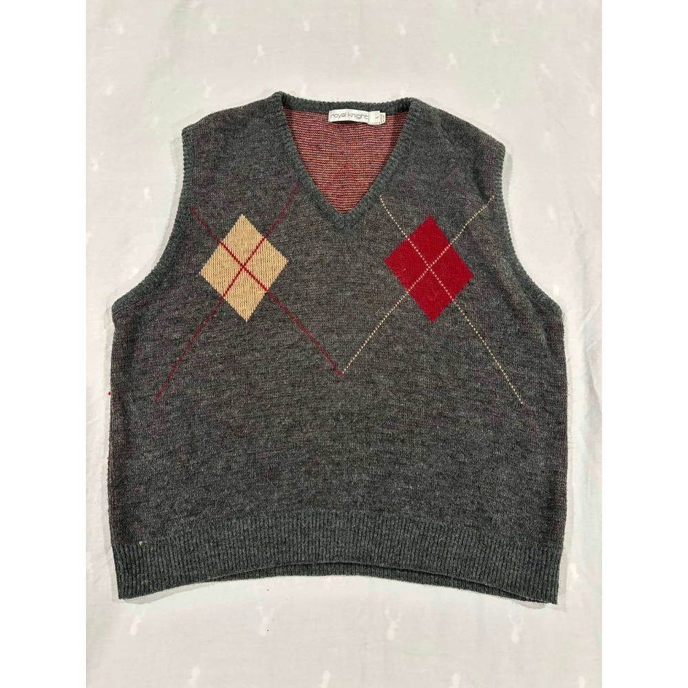 Royal Knight Mens Argyle V Neck Sweater Vest Size L Gray Red Tan Classic‎